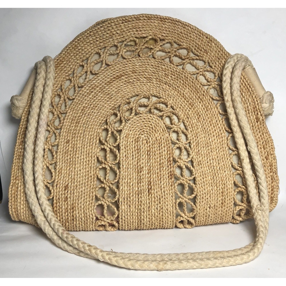 Vtg‎ 70s Boho Purse Woven Straw Shoulder Bag  Cottagecore DAMAGED/STAINED